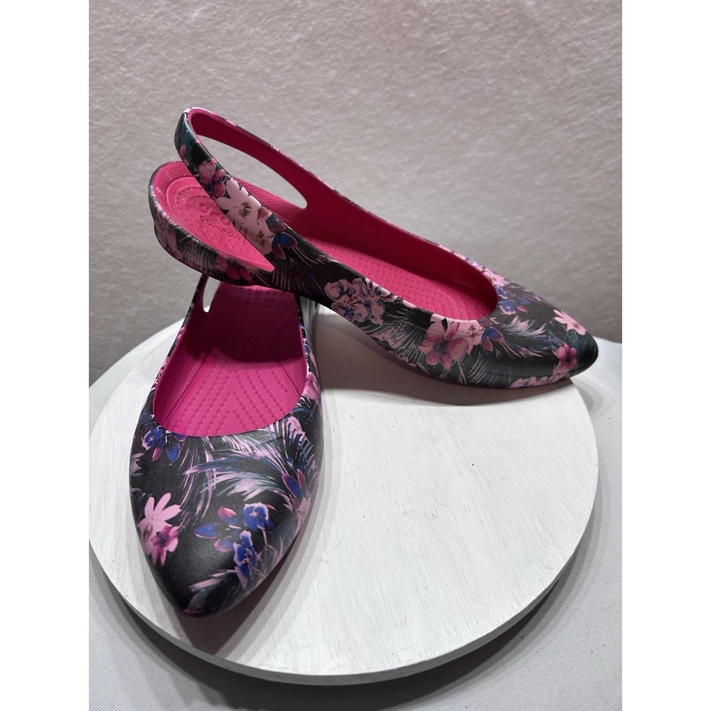 Crocs Eve Women's 11W Tropical Sling Back Flat Black/Pink EUC